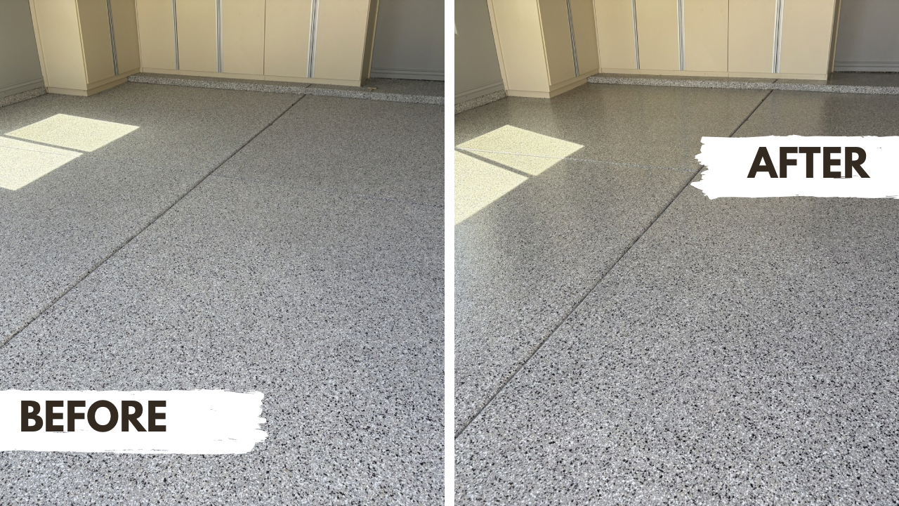 Before and after of a residential garage floor coating installed by The Garage Monkey