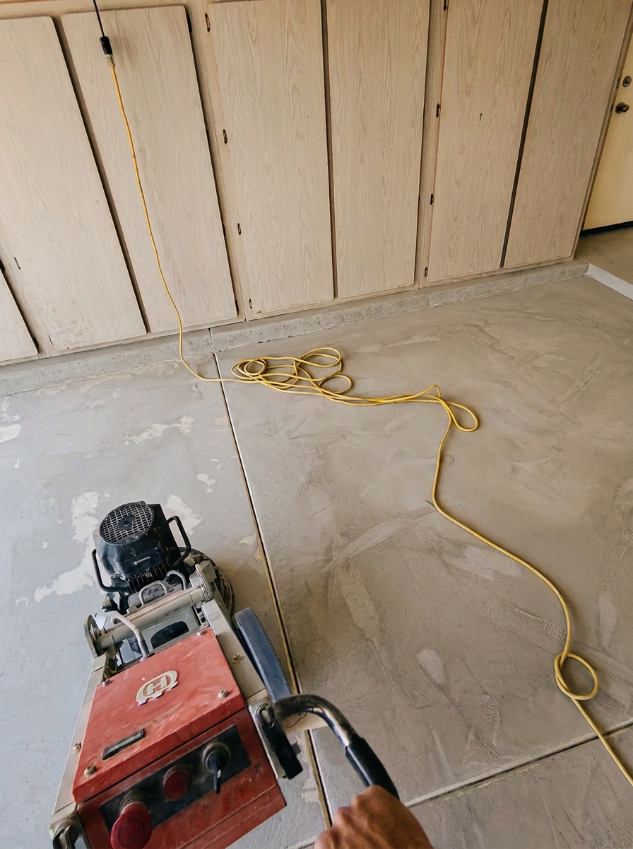 Walk-behind diamond grinder mechanically profiling a garage slab